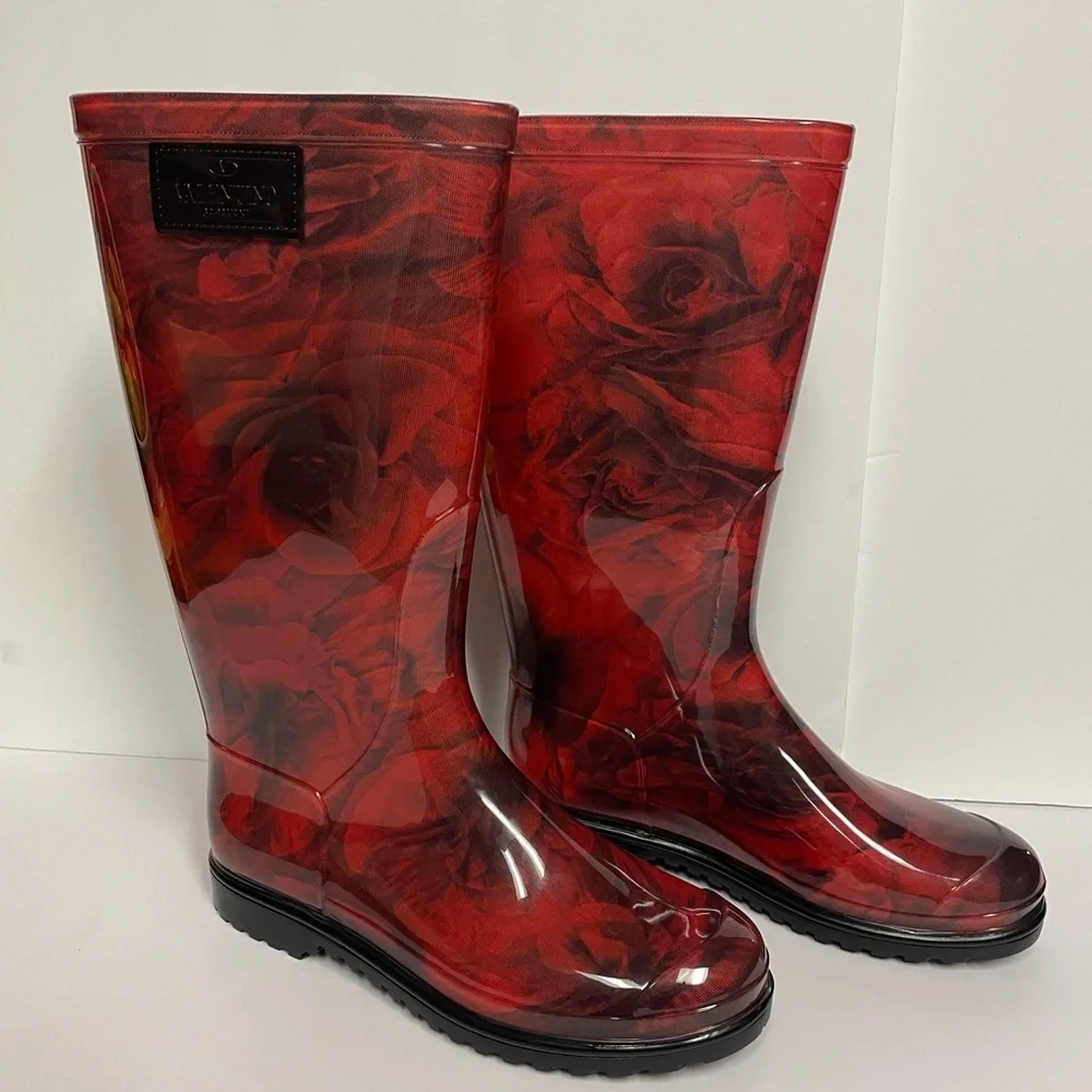 Valentino Garavani tall flat rain boots red flowers 38